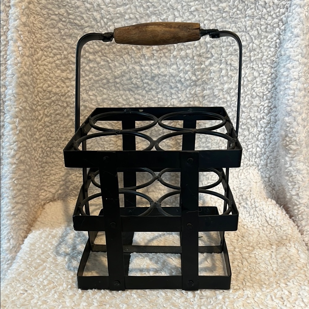 Vintage Black Metal Wine Bottle Holder with Wooden Handle.  Circa 1960s.